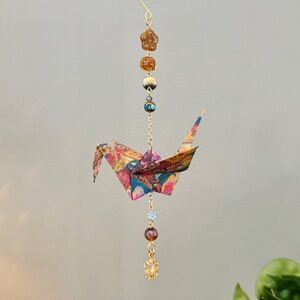 Origami Ornament #2428 - Large Crane with Repurposed Pendant
